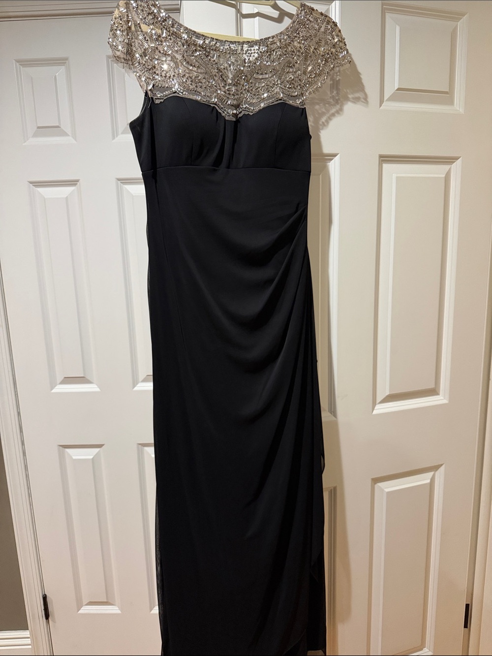Embellished Off-Shoulder Black Maxi Dress with Silver Yoke